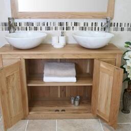 Solid Oak Bathroom Vanity Unit Cabinet Marble Travertine Bowl Basin Tap Plug 02Bsbcx2 - thumbnail 3