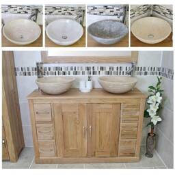 Solid Oak Bathroom Vanity Unit Cabinet Marble Travertine Bowl Basin Tap Plug 02Bsbcx2 - thumbnail 2