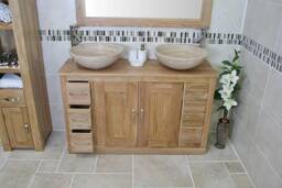 Solid Oak Bathroom Vanity Unit Cabinet Marble Travertine Bowl Basin Tap Plug 02Bsbcx2 - thumbnail 1