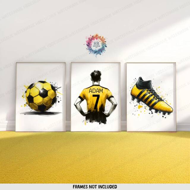 Custom Football Wall Art - Set Of 3 Posters - Boys Bedroom Decor Kids Soccer Artwork Personalised Footballer Gifts Yellow - image 1