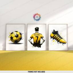 Custom Football Wall Art - Set Of 3 Posters - Boys Bedroom Decor Kids Soccer Artwork Personalised Footballer Gifts Yellow - thumbnail 1
