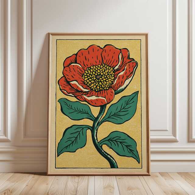 Red Floral Poster - Vintage Botanical Flower Illustration Linocut Style Wall Art - image 1