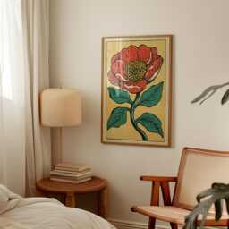 Red Floral Poster - Vintage Botanical Flower Illustration Linocut Style Wall Art - thumbnail 2