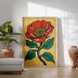 Red Floral Poster - Vintage Botanical Flower Illustration Linocut Style Wall Art - thumbnail 3