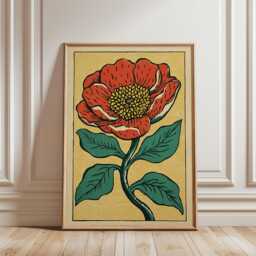 Red Floral Poster - Vintage Botanical Flower Illustration Linocut Style Wall Art - thumbnail 1