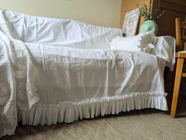 French Farmhouse Sofa Cover Slipcover White Ruffle Frilly Shabby Chic Cotton Protection Cottage - image 1