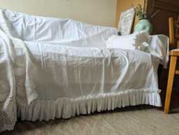 French Farmhouse Sofa Cover Slipcover White Ruffle Frilly Shabby Chic Cotton Protection Cottage