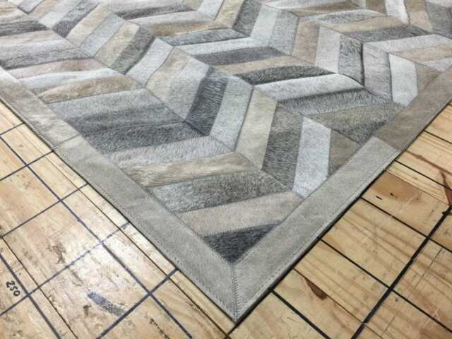 Chevron Patchwork Cowhide Rug - Taupe & Gray Leather - image 1