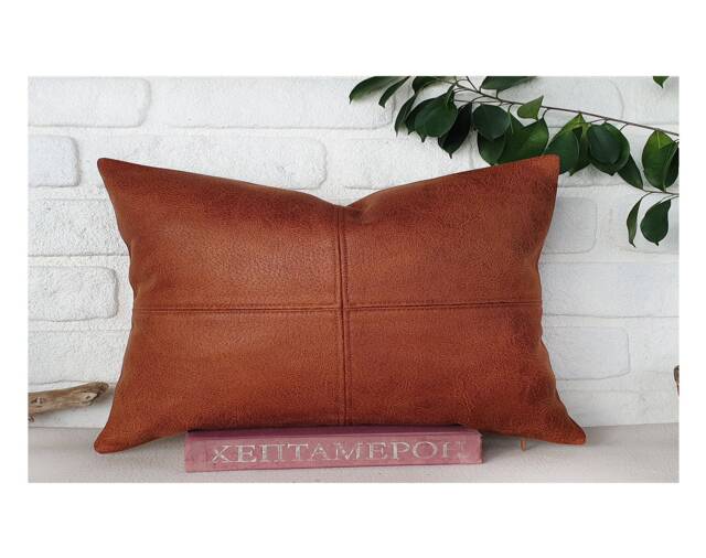 Terracotta Vegan Leather Lumbar Pillow Cover Set Modern Zen Stitch - 12''x24'' - image 1