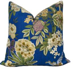Sanderson Water Garden Emperor Peony Fabric Herbal Blue/Amber Cushion Cover Pillow - thumbnail 2
