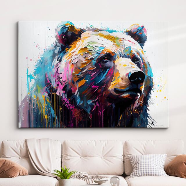 Bear Animal Abstract Oil Painting Splatter Modern Paint Style Wall Art Framed Canvas Poster Print, Home/Office Room Decor Gifts - image 1