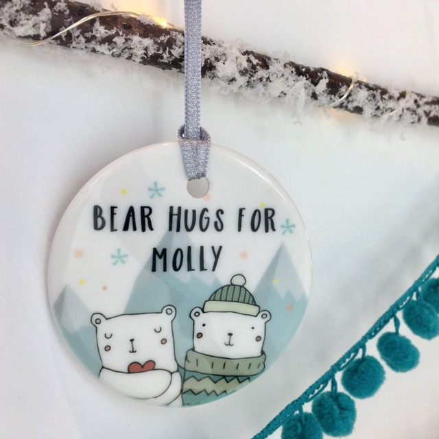 Ceramic Personalised Childrens Christmas Bauble - Bear Hugs Decoration Gift Box Available - image 1