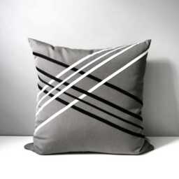 Decorative Gray Outdoor Sunbrella?? Pillow Cover With Black & White Geometric Design, Modern Cushions For Pool Loungers/Patio Chairs - thumbnail 1