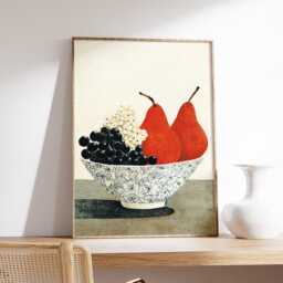 Modern Still Life Wall Art Print, Red Pears & Grapes Poster, Minimal Kitchen Art, Fruit Painting For Dining Room Or Home Interior - thumbnail 2