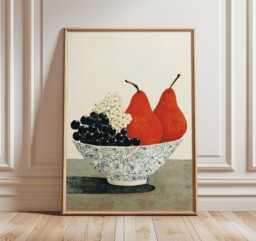 Modern Still Life Wall Art Print, Red Pears & Grapes Poster, Minimal Kitchen Art, Fruit Painting For Dining Room Or Home Interior - thumbnail 1