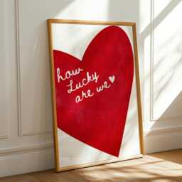 How Lucky Are We Wall Print, Red Heart Retro Trendy Art, Bedroom Art Quote - thumbnail 3