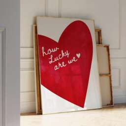 How Lucky Are We Wall Print, Red Heart Retro Trendy Art, Bedroom Art Quote - thumbnail 1