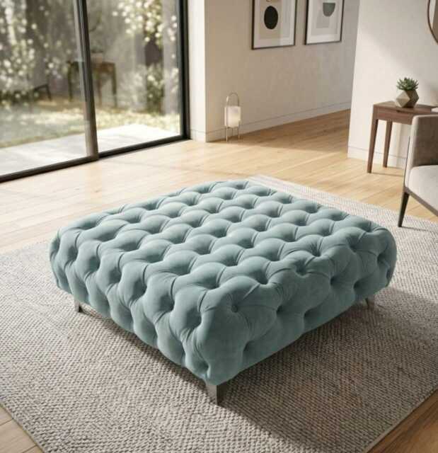 Beautifully Hand Crafted Chesterfield Plush Velvet Footstool - Chrome Metal Legs, Ottoman Coffee Table - image 1