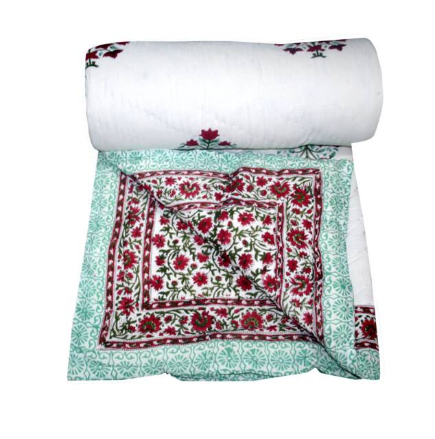 Reversible Cotton Quilt, Hand Block Floral Print Kantha Bed Cover - image 1
