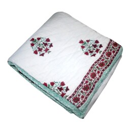 Reversible Cotton Quilt, Hand Block Floral Print Kantha Bed Cover - thumbnail 3