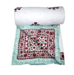 Reversible Cotton Quilt, Hand Block Floral Print Kantha Bed Cover