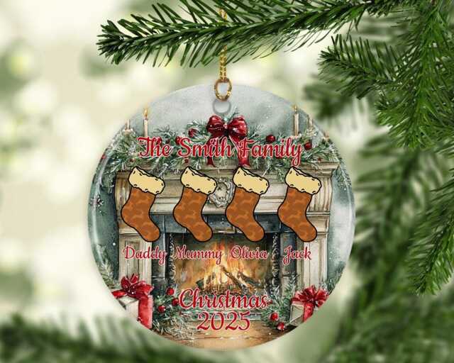 Personalised Family Christmas Ornament 2025 Hanging Stockings Bauble Ceramic Or Mdf Acrylic Disc - image 1