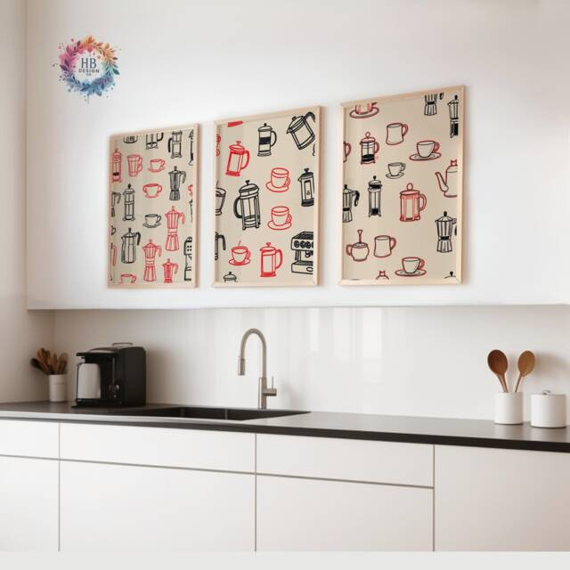 Coffee Prints - Set Of 3 - Red & Black Kitchen Wall Art Retro Decor Gallery Shop Posters Lover Gifts Trendy - image 1