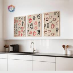 Coffee Prints - Set Of 3 - Red & Black Kitchen Wall Art Retro Decor Gallery Shop Posters Lover Gifts Trendy - thumbnail 1