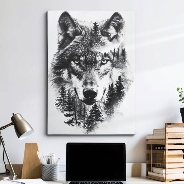 Mystical Wolf Canvas Art - Black & White With Forest & Moon Nature-Inspired Wall Decor Wildlife Lover's Gift Woodland Animal - image 1