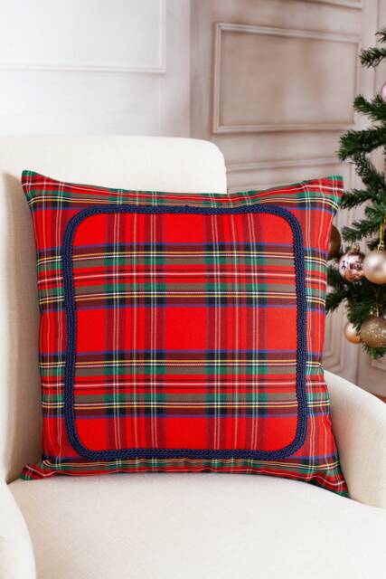 Royal Stewart Plaid Pillow Cover With Braided Trim, Farmhouse Cover, Tartan Sham, Red - image 1