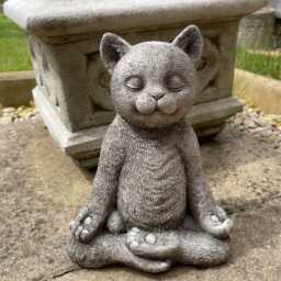 Meditating Cat Stone Garden Statue - Outdoor Animal Sculpture Kitten Ornament - thumbnail 1