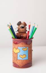 Handmade Ceramic Pen/Pencils/Toothbrush Holder, Fun Dog With A Bone Design, Animals, Christmas Gift For Kids Organizing