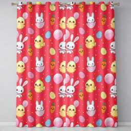 Cute Easter Bunny Chick Carrot Egg Red Background Seamless Pattern Readymade Eyelet Ring Top Thermal 100% Blackout Curtains - thumbnail 2