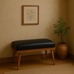 Modern Black Leather Bench Mid Century Wood Entryway Seat - thumbnail 2