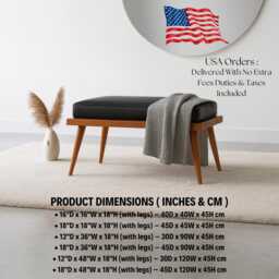 Modern Black Leather Bench Mid Century Wood Entryway Seat - thumbnail 3