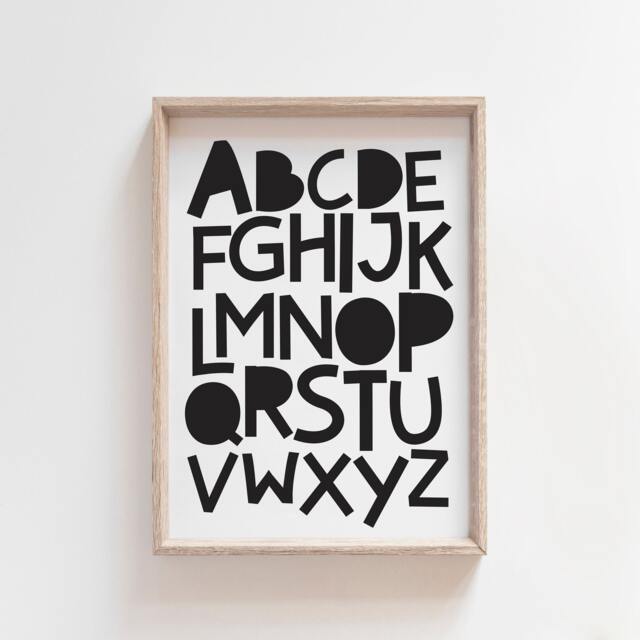 Monochrome Alphabet Print, Boys Nursery Playroom Prints, Wall Art, Poster, Educational Art - image 1