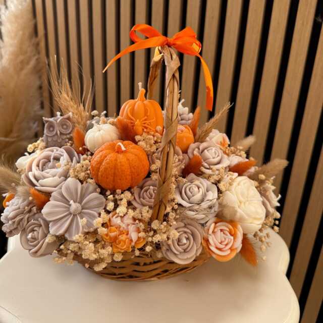 Handmade Soy Candle Flower Bouquet Basket - Autumn Pumpkin & Rose Arrangement - Unique Home Decor Gift - image 1