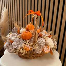 Handmade Soy Candle Flower Bouquet Basket - Autumn Pumpkin & Rose Arrangement - Unique Home Decor Gift - thumbnail 3