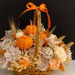 Handmade Soy Candle Flower Bouquet Basket - Autumn Pumpkin & Rose Arrangement - Unique Home Decor Gift - thumbnail 2