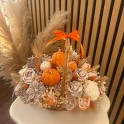 Handmade Soy Candle Flower Bouquet Basket - Autumn Pumpkin & Rose Arrangement - Unique Home Decor Gift - thumbnail 4