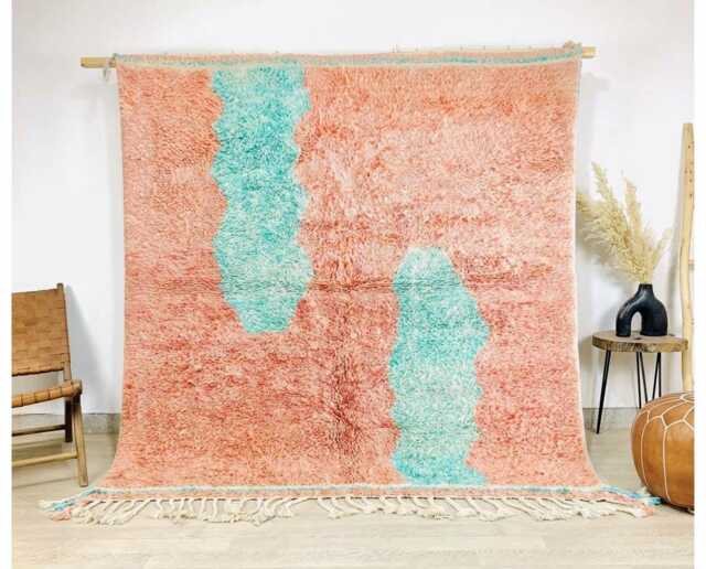 Moroccan Salmon & Teal Berber Rug, Handwoven Wool Shag Rug With Abstract Lines, Authentic Beni Ourain Style Carpet, Large 9x12 Area - image 1