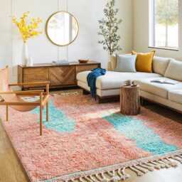 Moroccan Salmon & Teal Berber Rug, Handwoven Wool Shag Rug With Abstract Lines, Authentic Beni Ourain Style Carpet, Large 9x12 Area - thumbnail 2
