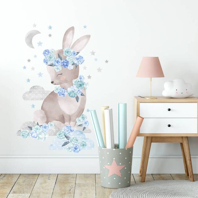 Wall Decor Rabbit Blue For Kids Room, Animal Wallpaper, Wall Stickers, Nursery Art, Childrens Room - image 1