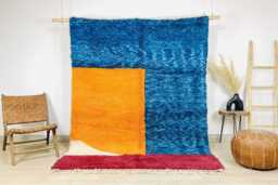 Blue Orange Abstract Moroccan Shag Rug, Boho Living Room Area Vibrant Color Block Berber Carpet, Large Rugs - thumbnail 1
