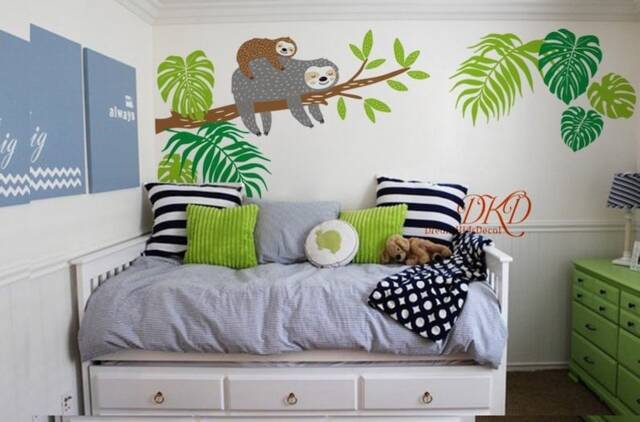 Hanging Sloth Wall Decal, Tropical Leaf, Nursery Decal For Kids Baby Room Decoration - image 1