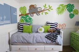 Hanging Sloth Wall Decal, Tropical Leaf, Nursery Decal For Kids Baby Room Decoration - thumbnail 1