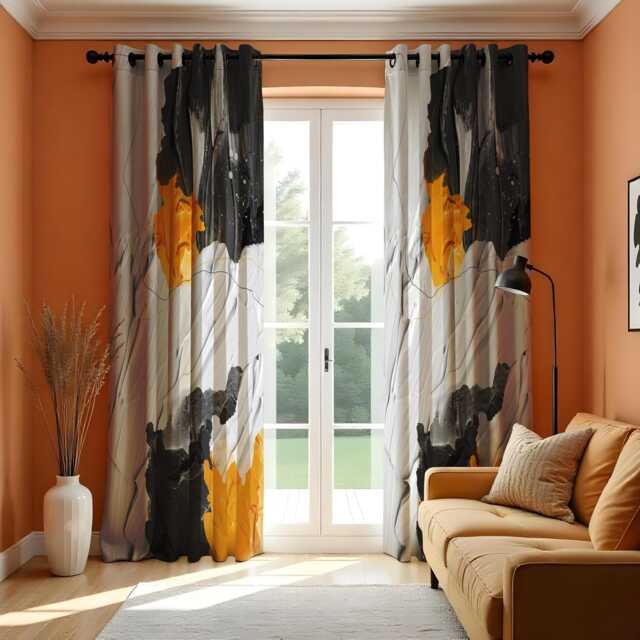 Bold Abstract Art Curtains, Black, Grey & Yellow Painterly Design Drapes, Modern Window Treatment, Custom Sizes Available - image 1