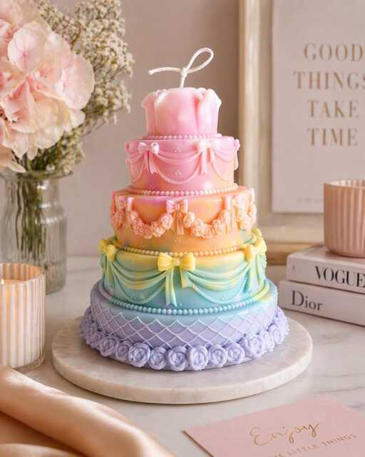Pastel Rainbow Cake Candle - Luxury Soy Wax Birthday Cute Aesthetic Party Decor Gift For Kids & Girls Like - image 1
