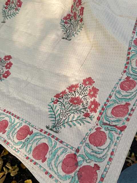 Quilted Pure Waffle Cotton Reversible Bed Throw King Size Summer Indian Quilt - Handmade Handprint Country Beige Red Pomegranate - image 1