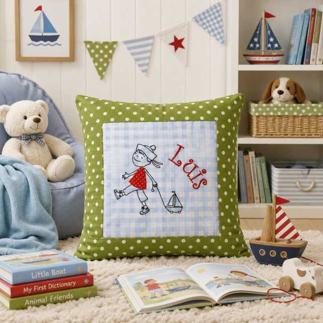 Embroidered Cushion Little Sailor + Name //Green - Light Blue// 40x40 cm Pillowcase Gift Cuddly Cushion Snuggle Personalized - image 1